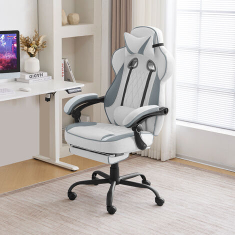WOLTU Gaming Stuhl Ergonomisch Bürostuhl mit Taschenfederkissen, breiter Sitz Fußstütze Computerstuhl Gamingstuhl 150 kg Belastbarkeit, 360° Grad Drehbar, Leathaire-Stoff, Blau+Weiß