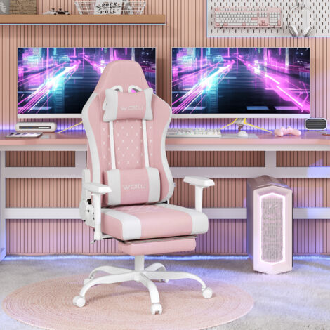 WOLTU Gaming Stuhl ergonomisch, Racing Gamer Sessel, Computerstuhl mit Rollen, Kopfstütze, Fußstütze, Lendenkissen, Drehstuhl 150 kg, aus Netzstoff, Rosa+Weiß