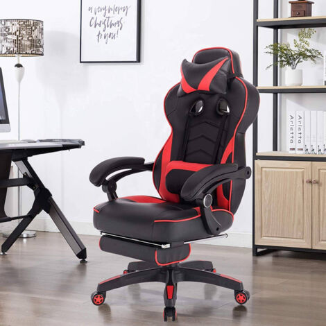 WOLTU Gaming Stuhl, Ergonomischer Computerstuhl mit Lendenkissen, Höhenverstellbarer Drehstuhl, Bürostuhl mit Fußstütze & Große Rückenlehne & Sitzfläche, Gaming Chair aus Kunstleder, Schwarz+Rot
