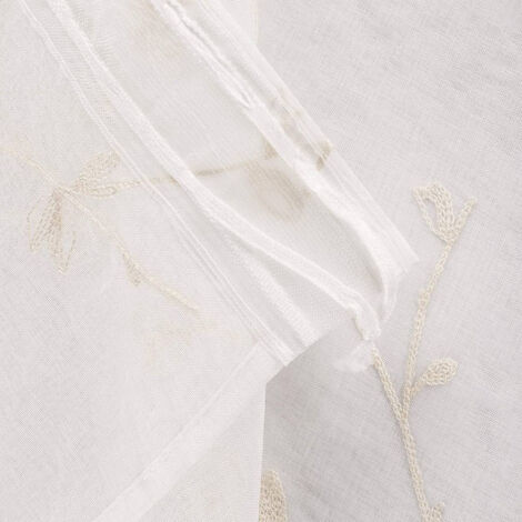 WOLTU Gardinen transparent Blumen Stickerei mit Kräuselband Leinen Optik(2 Stücke) beige 140x245 cm