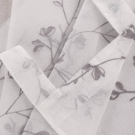 WOLTU Gardinen transparent Blumen Stickerei mit Schlaufen Leinen Optik(2 Stücke) grau 140x245 cm