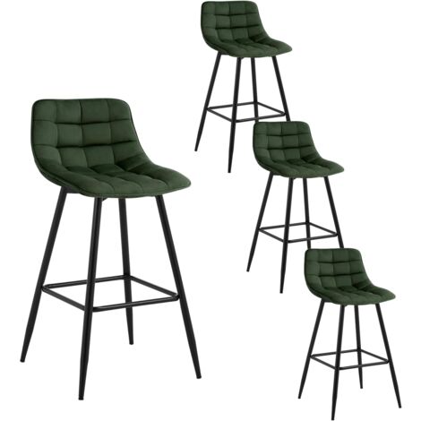 WOLTU Juego de 4 taburetes de bar con reposapiés, taburete de bar/bistró, asiento de terciopelo, patas de metal, verde oscuro