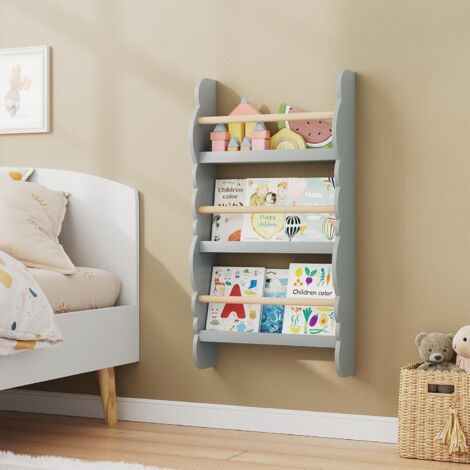 WOLTU Kids Librería Infantil Pared Estantería Frontal de Madera Organizador Pequeño de Libros Gris