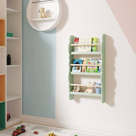 WOLTU Kinder Bücherregal Wandregal aus Kiefernholz E1 MDF mit 3 Ablagen grün