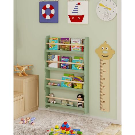 WOLTU Kinder Bücherregal Wandregal, Bücher-Organizer mit 4 Ablagen, Kinderregal für Buchaufbewahrung, aus Kiefernholz E1 MDF, für Kinderzimmer Spielzimmer, Grün