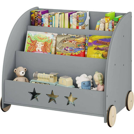 WOLTU Kinderregal für Bücher mit Rollen aus Holz grau