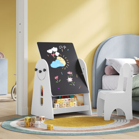 WOLTU Kindertisch mit 2 Stühlen, Kindersitzgruppe, Kindertisch mit Stauraum Tafel, zur Staffelei umbaubar, Maltisch , Kindermöbel Set für Kinder, Weiß