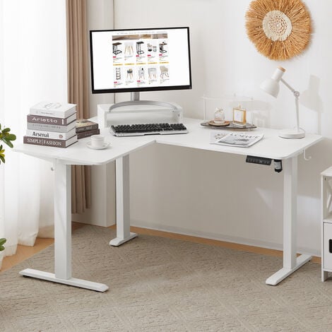 WOLTU L-förmiger Schreibtisch mit 4 Memory-Steuerung Höhenverstellbarer Eckschreibtisch Ergonomie Computertisch mit Monitorständer und Kopfhörer-Haltern Weiß
