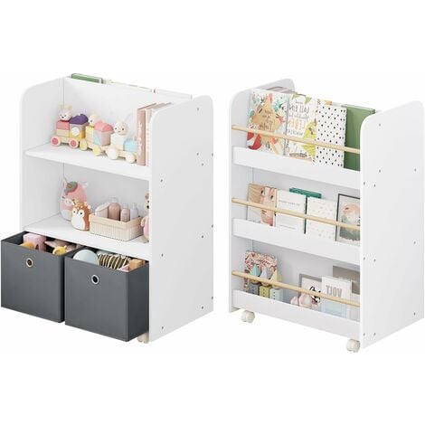 WOLTU Libreria per Bambini con Ruote 2 in 1 Portariviste Mobiletto cameretta Bambini. con 3 Ripiani e Portagiochi Bianco