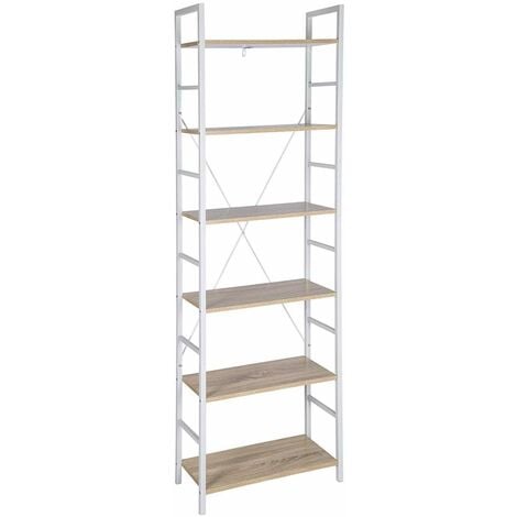 WOLTU Libreria Scaffale a 6 Ripiani Scaffalatura Fioriera Porta in Metallo Legno Legno+bianco