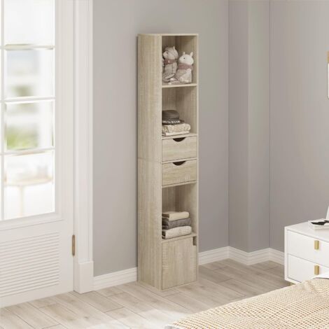 WOLTU Libreria Scaffale Moderna in Legno. Libreria Verticale con 3 Vani Aperti. 2 Cassetti e 1 Armadietto. Mobile Portaoggetti Portalibri da Terra con Ripiano Regolabile. Legno Chiaro
