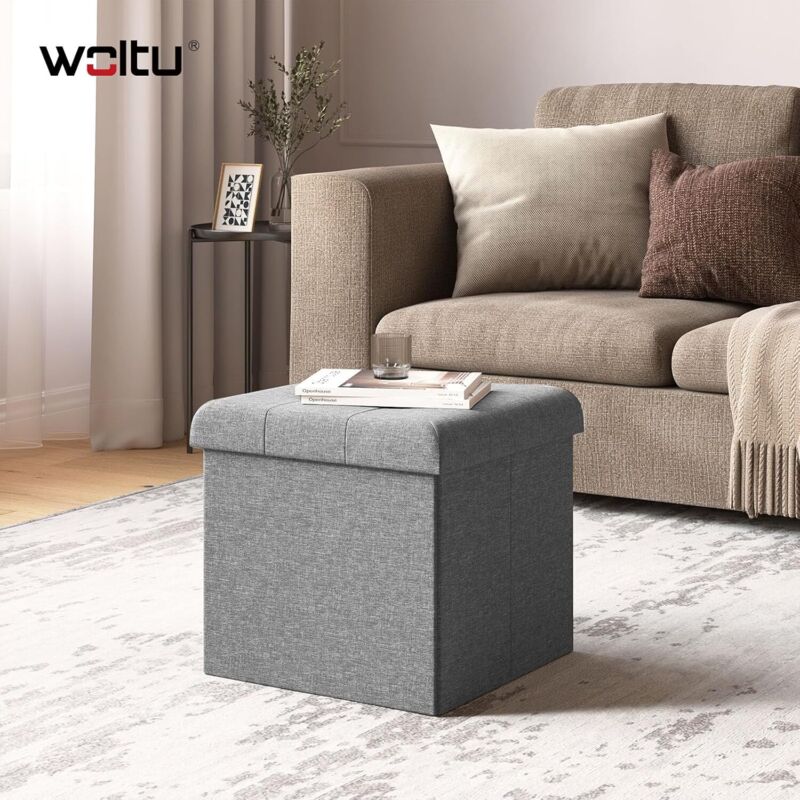 WOLTU Linen Foldable Storage Ottoman W/Removable Cover 37.5x37.5x38cm, Light Grey