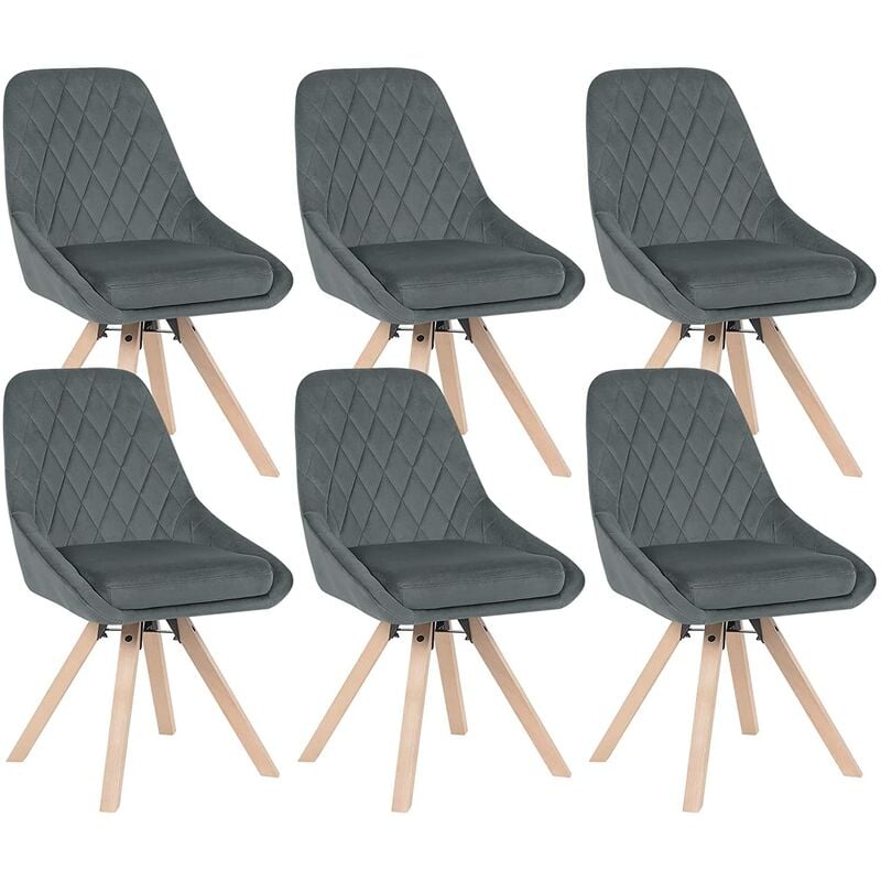 Woltu - Lot de 6 Chaises Pivotantes de Salle à Manger Chaise de Cuisine en Velours, Pieds en Bois Massif, Gris Foncé