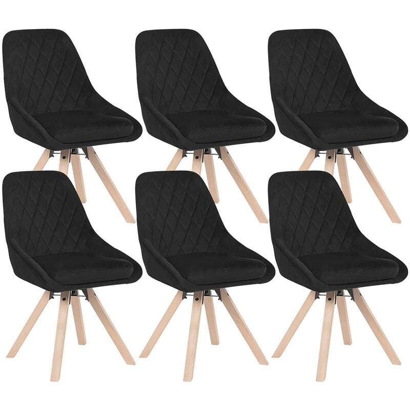 Woltu - Lot de 6 Chaises Pivotantes de Salle à Manger Chaise de Cuisine en Velours, Pieds en Bois Massif, Noir