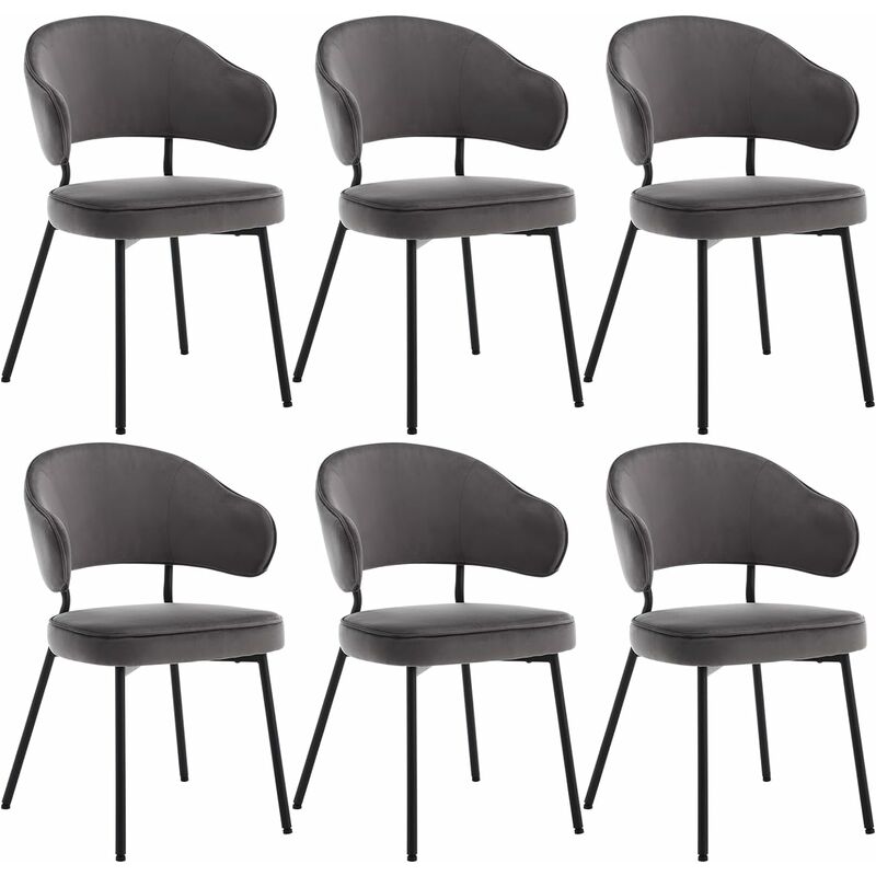 Woltu - Lot de 6 Chaises Salle à Manger avec Dossier Chaise de Cuisine Scandinave Velours, Pieds en Métal, Gris foncé