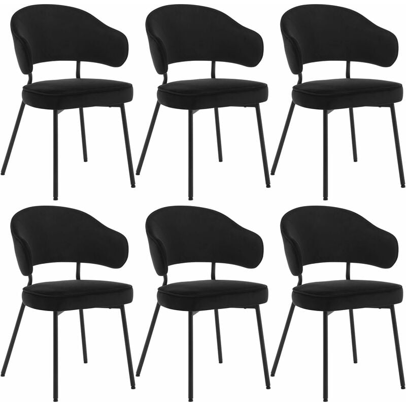 Woltu - Lot de 6 Chaises Salle à Manger avec Dossier Chaise de Cuisine Scandinave Velours, Pieds en Métal, Noir