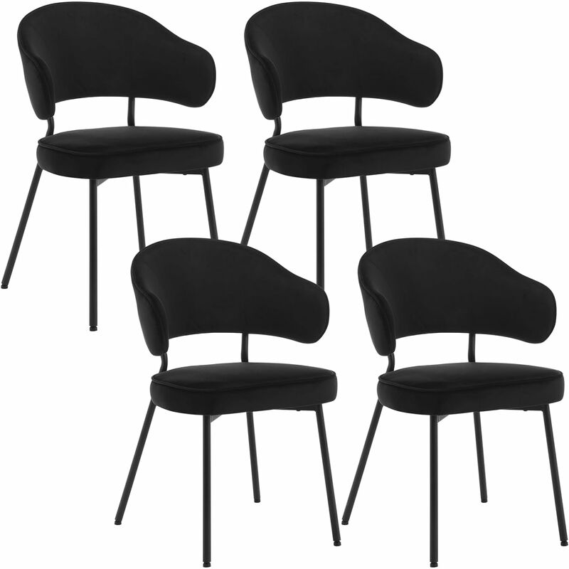 Woltu - Lot de 4 Chaises Salle à Manger avec Dossier Chaise de Cuisine Scandinave Velours, Pieds en Métal, Noir