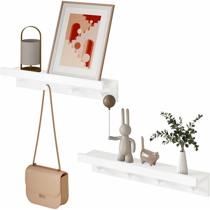 Woltu - Lot de 2 Étagère Murale avec 4 Crochets, Porte Manteau Mural en mdf, Patère Murale, Tablette Murale pour Entrée, Salon, Chambre, Cuisine,