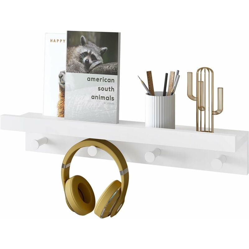 Woltu - tagère Murale avec 4 Crochets, Porte Manteau Mural en mdf, Patère Murale, Tablette Murale pour Entrée, Salon, Chambre, Cuisine, Blanc