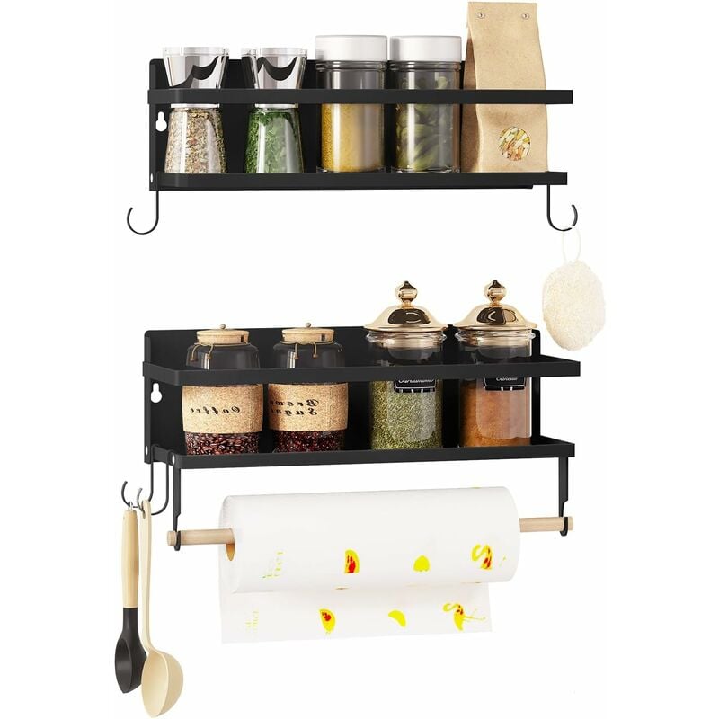 Woltu - Lot de 2 Étagère Murale Cuisine en Métal, Étagère à Épices, Étagère Murale Salle de Bain, avec Porte-serviettes, 4 Crochets Amovibles, Noir