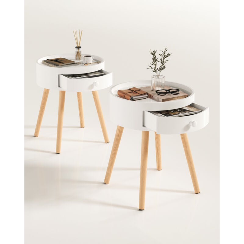 Lot de 2 Table de Chevet en mdf avec Tiroir Woltu Table de nuit Pieds en bois, Blanc, 38x38x45,5cm