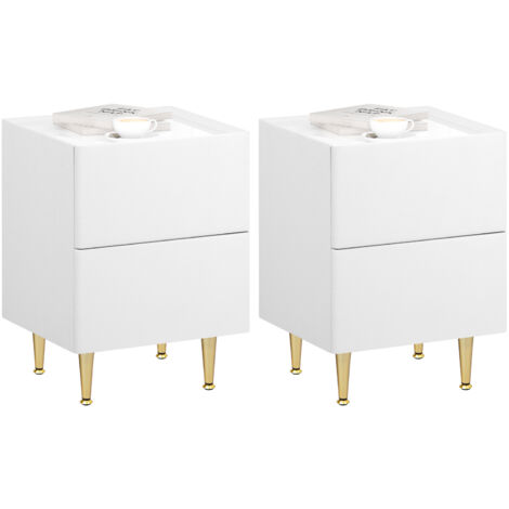 WOLTU Lot de 2 Table de Chevet, MDF+PVC+Métal, Table de Nuit, 40x35x51cm, Table d'Appoint Moderne pour Chambre Salon, Blanc+Doré