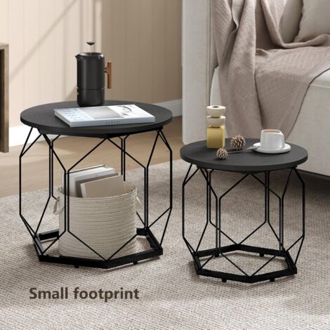 Woltu – Lot de 2 tables basses gigognes rondes – Cadre métal noir – Plateaux en bois composite chêne noir – Dimensions 50x50x45 cm et 40x40x36 cm