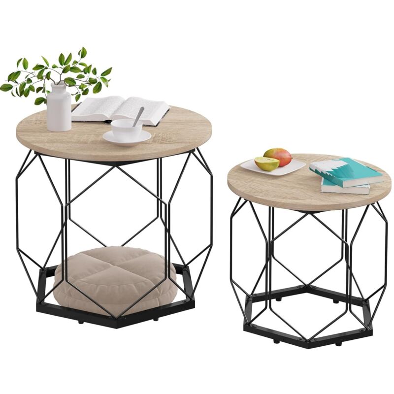 Woltu - Lot de 2 Tables Basses Gigognes, Table de Salon, Cadre Noir en Métal, Style Industriel, Chêne Clair+Noir