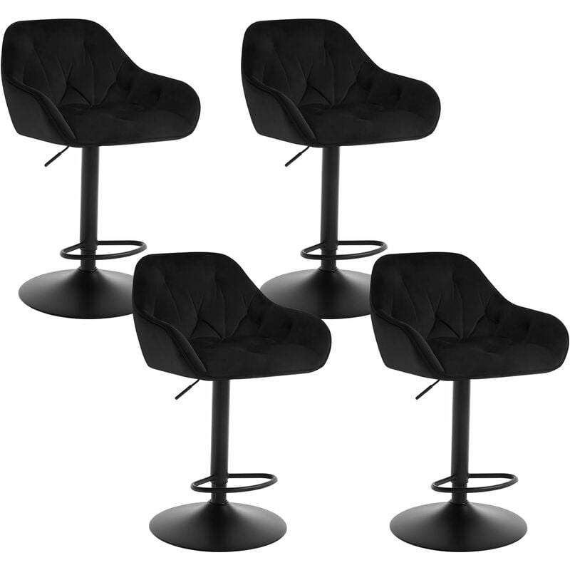 Lot de 4 Tabouret Bar en Velours + Métal, Chaise de Bar, Chaise Haute Bar, Chaise Haute Cuisine, Réglable en Hauteur, Noir - Woltu