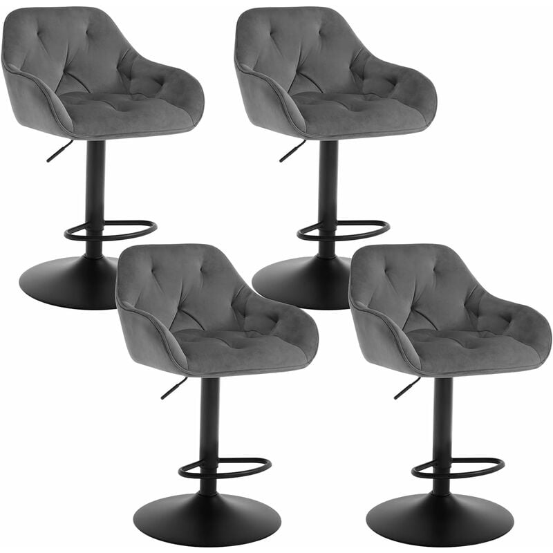 Woltu - Lot de 4 Tabouret Bar en Velours + Métal, Chaise de Bar, Chaise Haute Bar, Chaise Haute Cuisine, Réglable en Hauteur, Gris foncé
