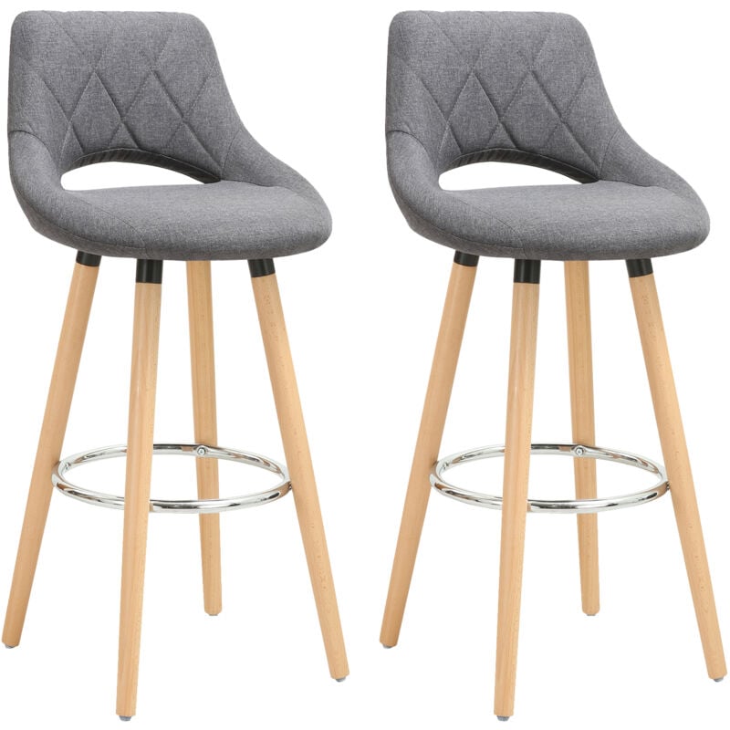 Woltu - Lot de 2 Tabouret de bar avec dossier et repose-pieds Fait de lin et bois massif, Siège bien rembourré, 43x43x91cm, Gris Foncé