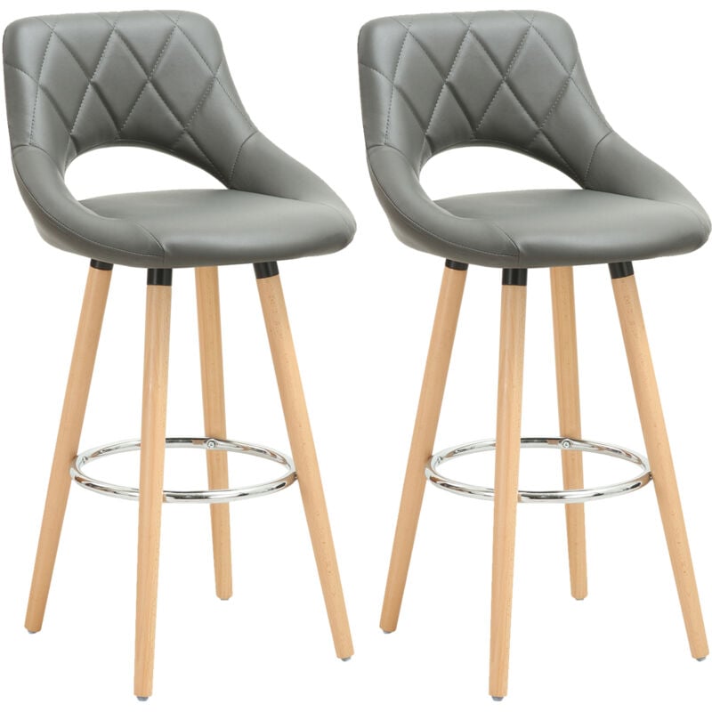 Lot de 2 Tabouret de bar avec dossier et repose-pieds, Fait de similicuir et bois massif, Siège bien rembourré, 43x43x91cm, Gris - Woltu