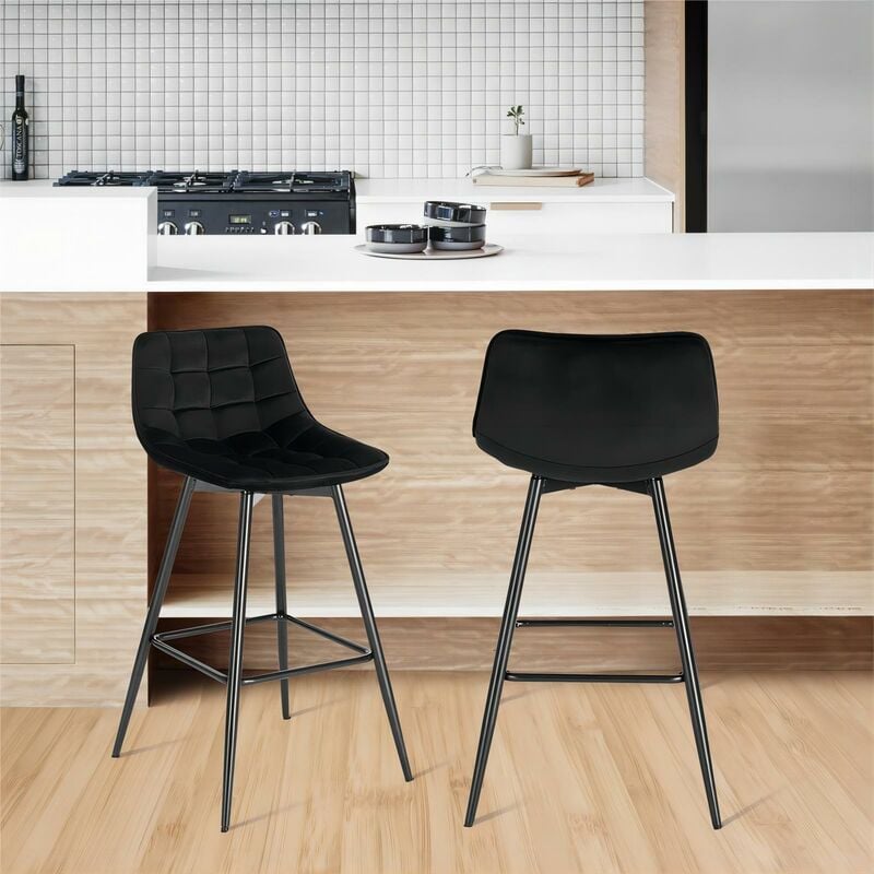 Woltu - Lot de 2 Tabourets de Bar en velours, Chaises de bar avec repose-pieds, Pieds en métal, Noir