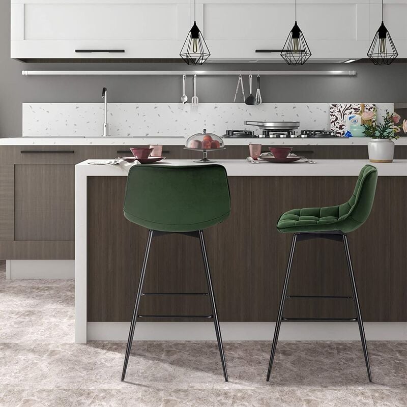Woltu - Lot de 2 Tabourets de bar en velours Chaises de bar avec repose-pieds, Pieds en métal, Vert Foncé