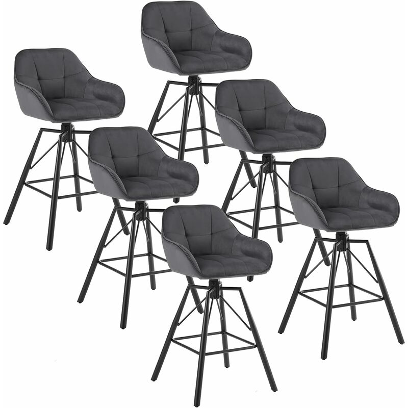 Woltu - Lot de 6 Tabourets de Bar en Velours et Cadre en Métal, Chaise Haute Bar Siège Rembourré Pivotant à 360°, avec Dossier et Repose-Pieds,