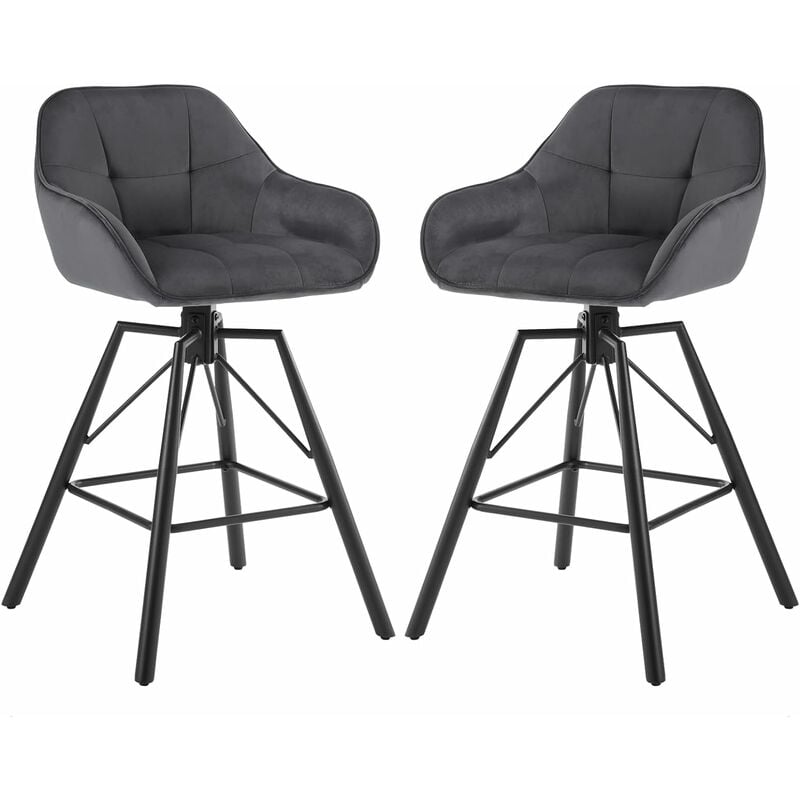 Lot de 2 Tabourets de Bar en Velours et Cadre en Métal, Chaise Haute Bar Siège Rembourré Pivotant à 360°, avec Dossier et Repose-Pieds, Tabouret