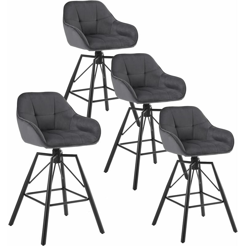 Lot de 4 Tabourets de Bar en Velours et Cadre en Métal, Chaise Haute Bar Siège Rembourré Pivotant à 360°, avec Dossier et Repose-Pieds, Tabouret