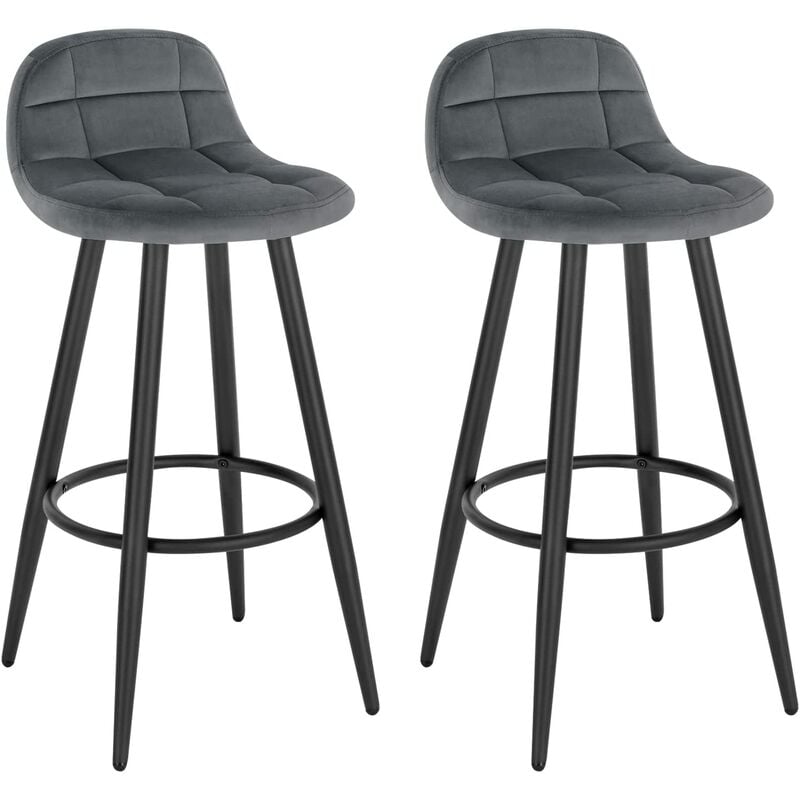 Woltu - Lot de 2 Tabourets de Bar Modernes, Chaise de Cuisine Haute en Velours et Métal, Hauteur d'Assise 70cm, Gris Foncé
