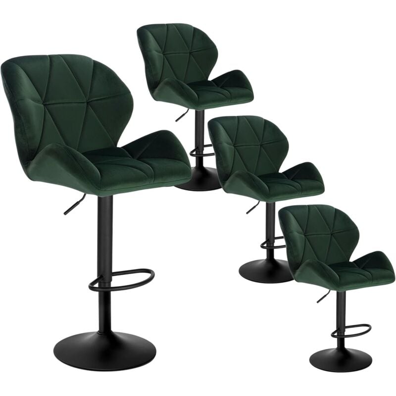 Woltu - Lot de 4 Tabouret de Bar réglable en Hauteur Chaise Haute pour Bar avec Dossier siège rembouré en Velours Pied en métal, Vert Foncé