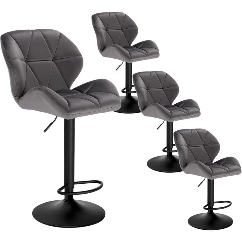 Lot de 4 Tabouret de Bar réglable en Hauteur WOLTU Chaise Haute pour Bar avec Dossier siège rembouré en Velours Pied en métal, Gris Foncé