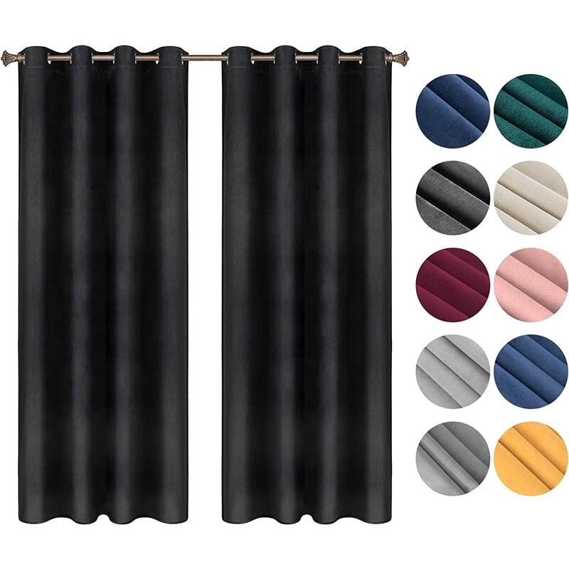 Woltu - Lot de 2 Rideaux Draperies Thermique à Oeillets, 140x225cm Rideau Opaque Occultant en Velours, Noir VH6066sz-2