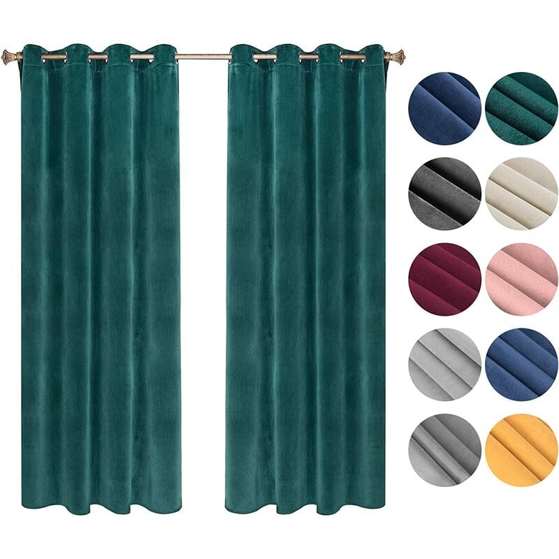 Woltu - Lot de 2 Rideaux Draperies Thermique à Oeillets, 140x245cm Rideau Opaque Occultant en Velours, Vert foncé VH6067dgn-2