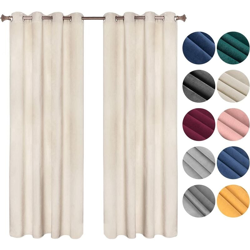 Woltu - Lot de 2 Rideaux Draperies Thermique à Oeillets, 140x245cm Rideau Opaque Occultant en Velours, Beige VH6067hsd-2