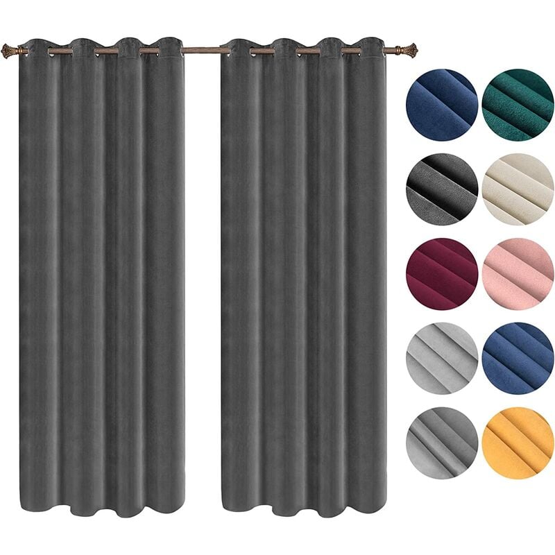 Woltu - Lot de 2 Rideaux Draperies Thermique à Oeillets, 140x270cm Rideau Opaque Occultant en Velours, Gris Foncé VH6068gr-2