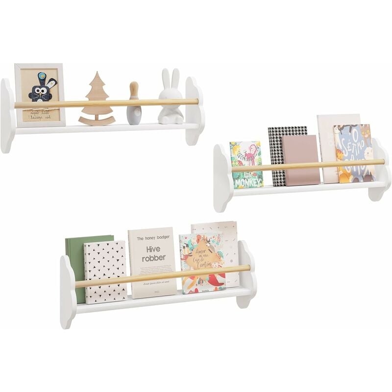 Bibliothèque pour Enfants en Pin et mdf Woltu tagère Murale avec 3 Tablettes, Étagère Montessori, Jadin d'enfants, Salle de Jeux, 65x23x12,7cm, Blanc