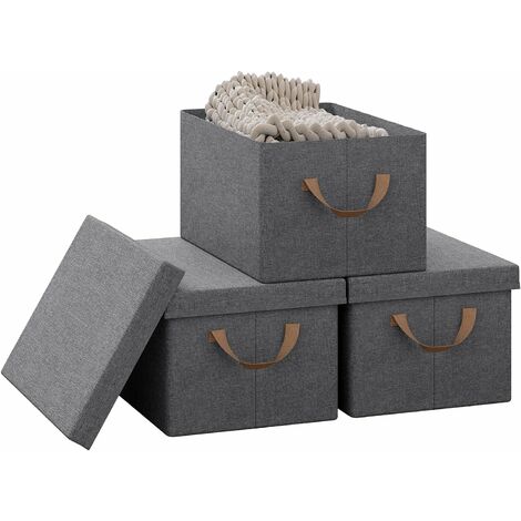 WOLTU Lot de 3 Boîte de Rangement 48x29x20cm en Tissu non Tissé, Caisse Rangement Pliable, Coffre de Rangement avec Poignée, Couvercle Amovible, Gris