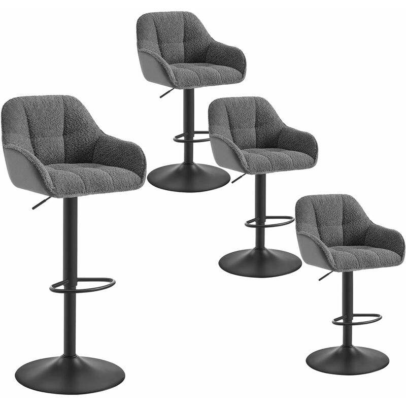 Woltu - Lot de 4 Tabourets de Bar Chenille+Velours Côtelé, Tabouret Bar Réglable en Hauteur avec Dossier, Repose-Pieds, Gris foncé
