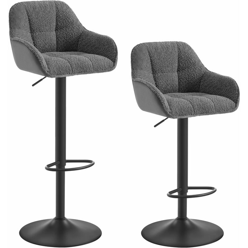 WOLTU Lot de 2 Tabourets de Bar Chenille+Velours Côtelé, Tabouret Bar Réglable en Hauteur avec Dossier, Repose-Pieds, Gris foncé