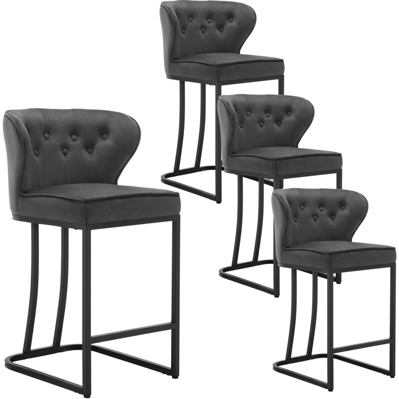 Woltu - Lot de 4 Tabourets de Bar en Velours, Chaise Ergonomique pour Cuisine, Salon, Pieds en Métal, Gris foncé