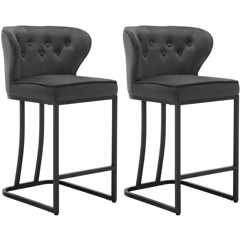 Lot de 2 Tabourets de Bar en Velours, Chaise Ergonomique pour Cuisine, Salon, Pieds en Métal, Gris foncé - Woltu